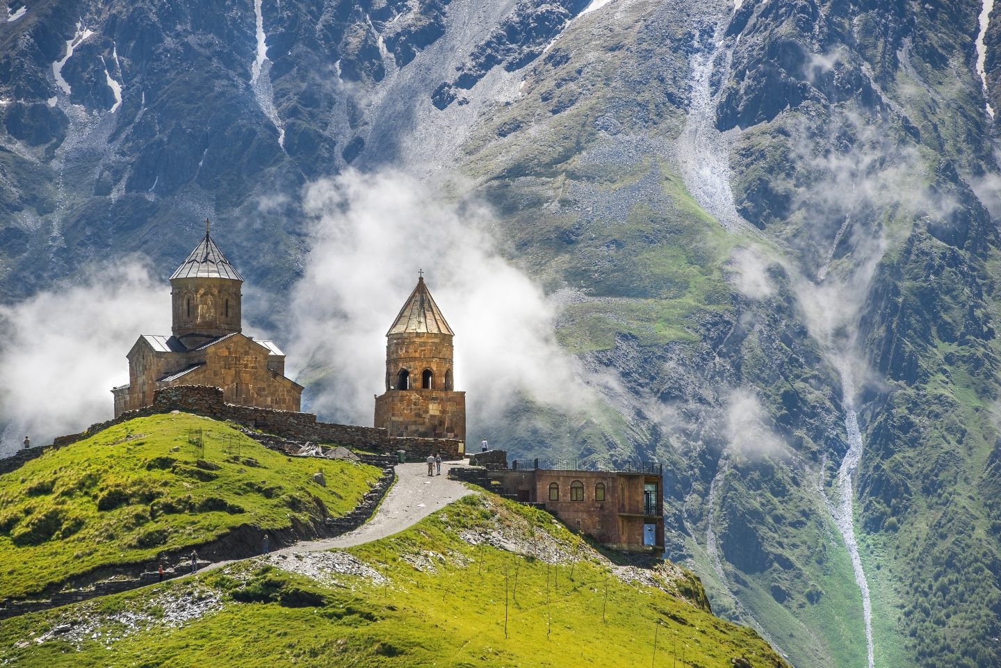 Gergeti Trinity Church with a backdrop of Mt.Kazbegi