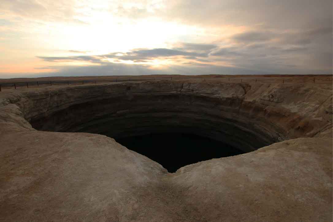 A water crater near Darvaza in Karakum desert