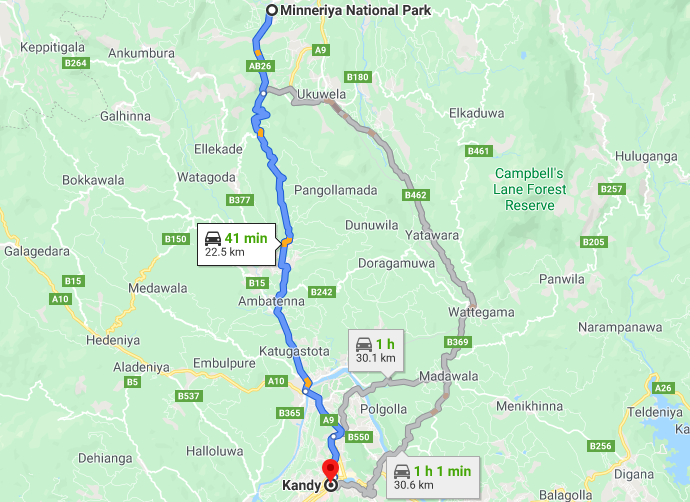Minneriya National Park to Kandy route map Sri Lanka
