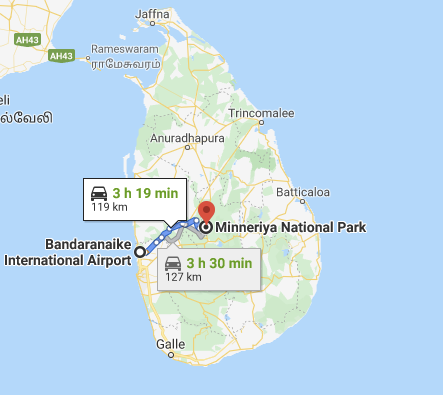 Colombo International Airport to Minneriya National Park Route Map Sri Lanka